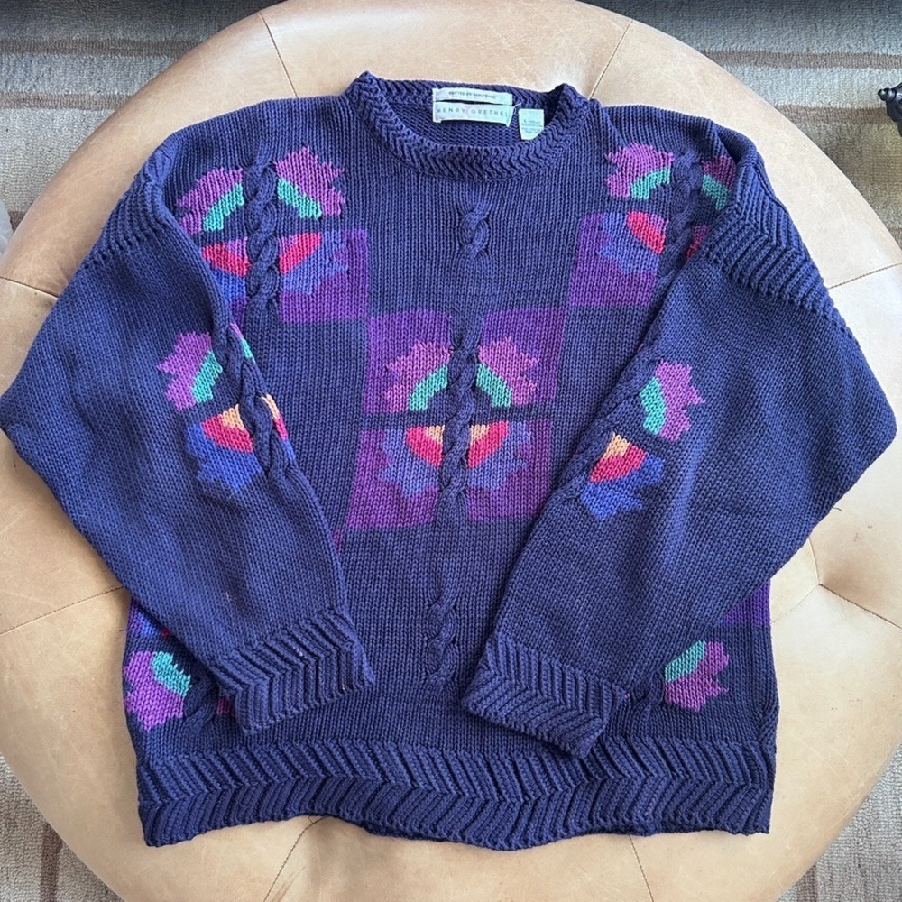 Vintage 90s Henry Grethel Sweater Mens L Cotton Folk Art Quilt Chunky Oversized